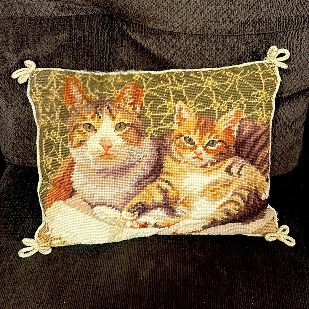 Vintage Wool Needlepoint Petit Point Pillow “Tabby Cats”